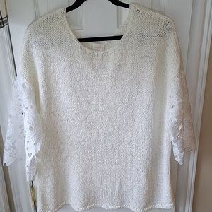 Chico's White Crochet Sweater Floral Lace Cut Out Sleeve Detail Chico Size 3